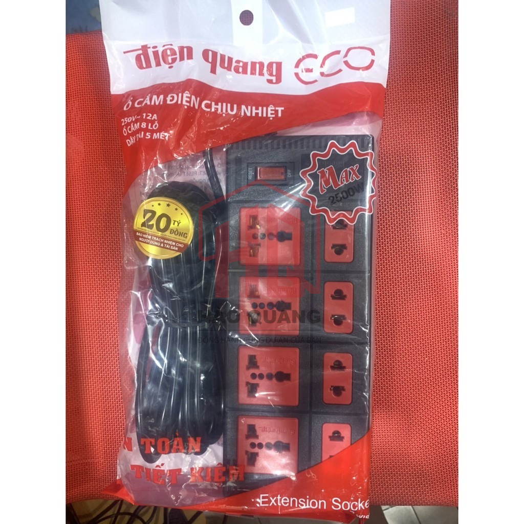 Ổ Cắm Điện Quang ECO 8 Lỗ Dây 5m – Chống Cháy, An Toàn, Tiết Kiệm Điện (ESK 8ECO)