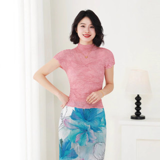 Miyake Xếp Ly Phong Cách Mới Đơn Giản Slim-fit Bên Trong Tay Ngắn Cổ Nửa Cao Áo Chui Đầu Nữ Mỏng T @ -