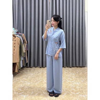 Set đồ lụa bà lai thêu bồ đề, thời trang nữ lụa đi chùa