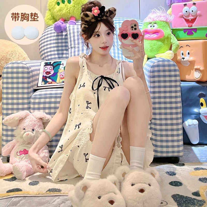 Mùa Hè Phong Cách Mới Mây Cotton Hoạt Hình Ngọt Ngào Bộ Đồ Ngủ Nữ Có Miếng Lót Ngực Cố Định Phong Cách Mỏng Rời Thường Ngày Homewear Phù Hợp Với
