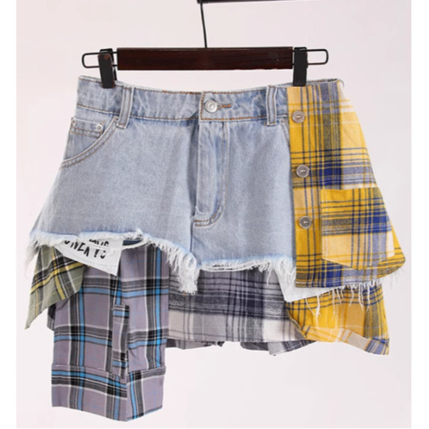 Oksmartlove Thời Trang Phong Cách Mỹ Thiết Kế Giải Cấu Trúc Độc Đáo Váy Denim Nữ Mùa Hè Phong Cách Mới Kẻ Sọc Không Đều Khâu Váy Eo Cao Hàng Có Sẵn
