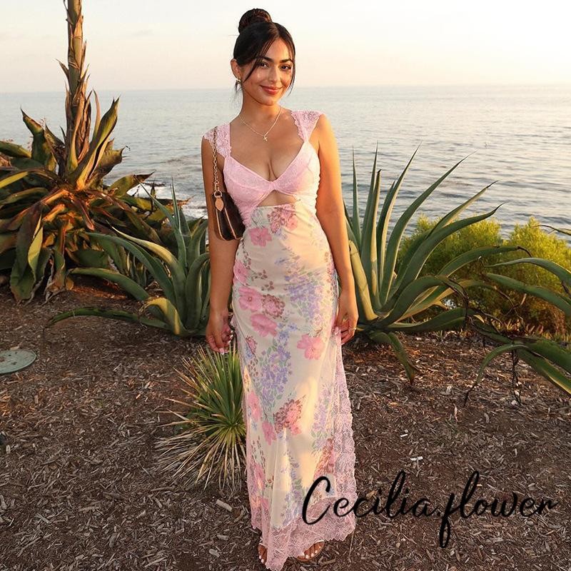 Đầm Bodycon Ren Hoa Nữ Cổ Chữ V Không Tay Cutout Cắt Lưng Đầm Dài Cho Tiệc Mùa Hè