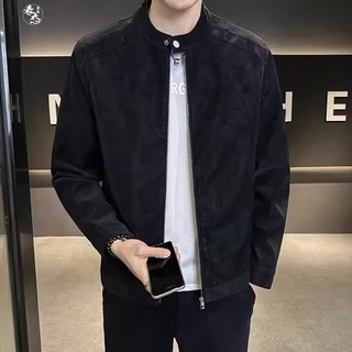 Dichuangzhe Áo khoác nam da lộn cổ đứng xe máy màu trơn hàng đầu đơn giản
