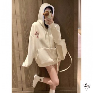 Áo thêu cỡ lớn Áo Đại Học áo rộng rãi Đại Học Áo nỉ chữ Phạn thêu chữ thập nặng tay dài tay cho nữ áo phong cách lười rộng rãi thường ngày mẫu mới mùa xuân 2026