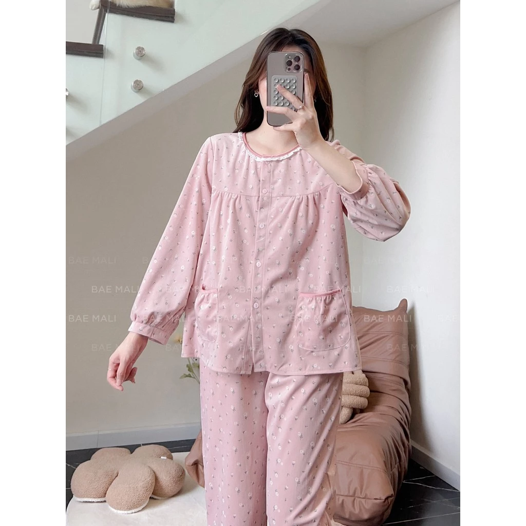 SP568 Bộ mặc nhà hoa nhí cổ ren dài tay