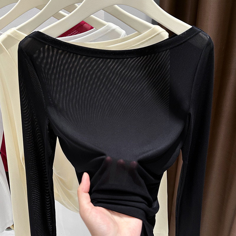 Milyfashion Co Giãn Cao Slim-fit Slimmer Look Encore Red Pure Desire Slanted Vai Cổ Phẳng Áo Thun Nữ Mờ Gạc Dây Dài Tay Top