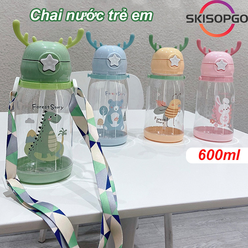 【SKISOPGO】chai nước trẻ em Bình nước rơm trẻ em Cốc rơm dung tích lớn  600ML Cốc ống hút nhựa hoạt hình