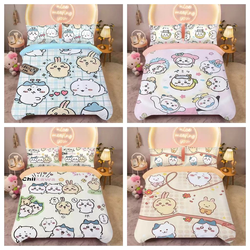 PS1 Chiikawa Usagi 3IN1 Ga trải giường Vỏ chăn gối Bộ chăn ga gối Phòng ngủ gia đình Bộ đồ hoạt hình có thể giặt được SP1