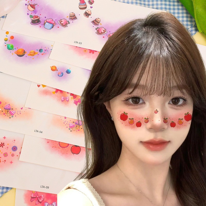 12 Tờ Dán Hình Xăm Blush Hoạt Hình - Đề Can Tạm Thời DIY Facial - Hình Xăm Nghệ Thuật Cơ Thể - Tự Dính, Chống Thấm Nước, Thực Tế - Đề Can Trang Điểm Tiệc Lễ Hội