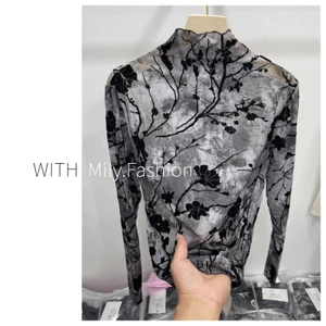 Milyfashion Nửa Cổ Rùa In Lưới Ren Dài Tay Áo Thun Đáy Top