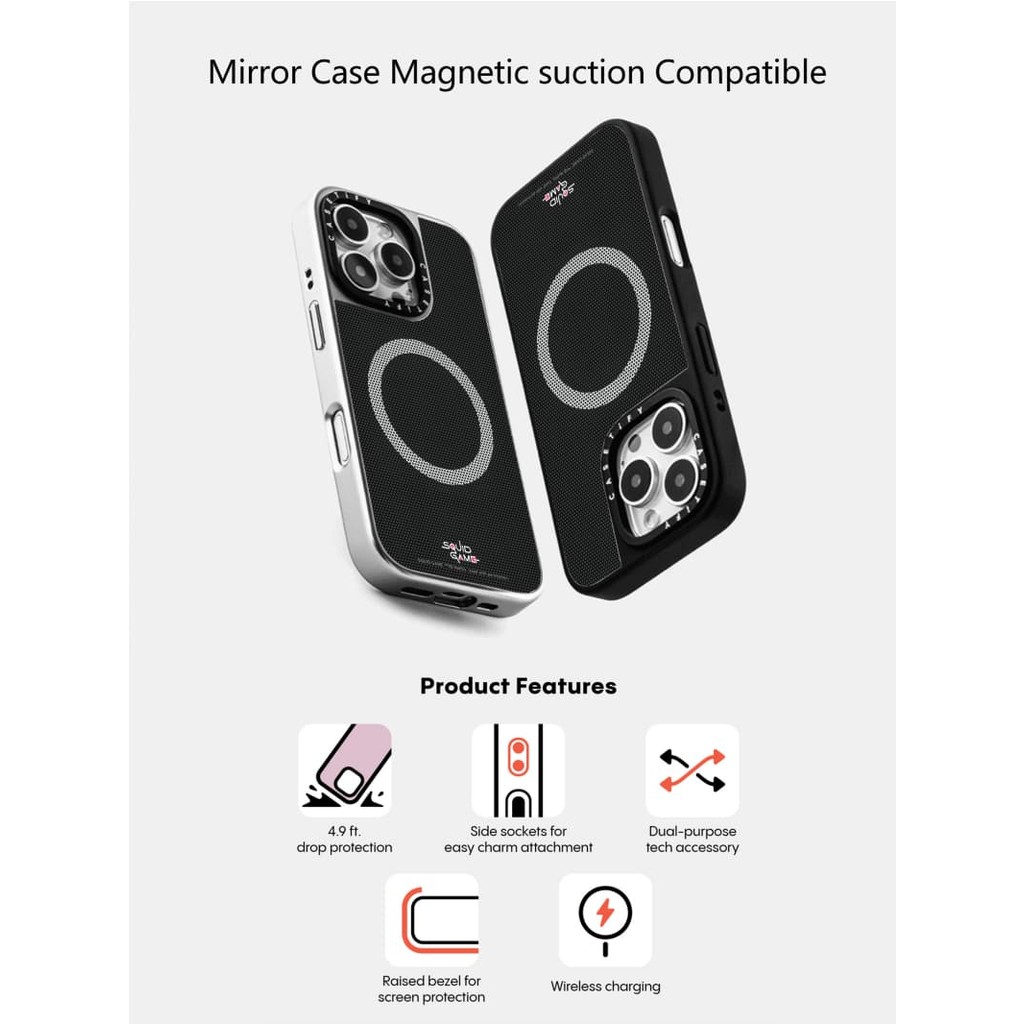 Casetify X Squid Gamem Vỏ công nhân có mặt nạ hút từ tính Vỏ IPhone Gương đen & bạc IPhone 16 15 14 13 12 Pro Max Plus Vỏ cứng có hộp logo khắc