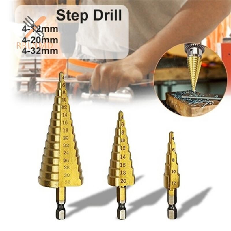 RRLNMD Lớn HSS Thép Bước Nón Mũi Khoan Titan Bộ Lỗ Cắt 4-12 / 20 / 32mm MỚI