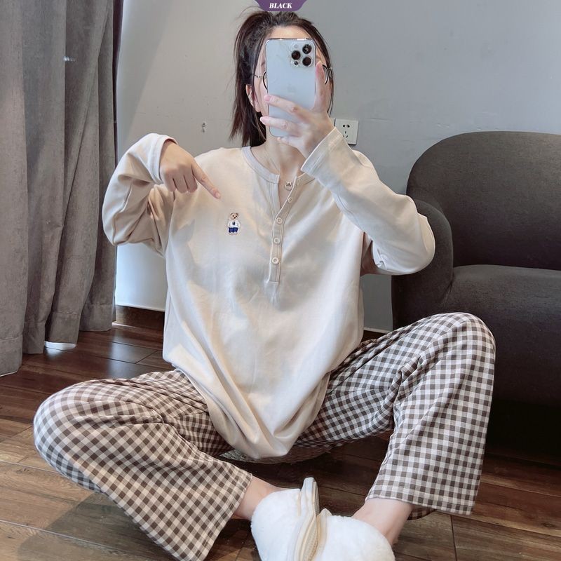 Bộ Đồ Ngủ Mới Mùa Xuân Nữ Cổ Tròn Ins Phong Cách Dài Tay Kẻ Sọc Gấu Rời Homewear Bộ Đồ Hai Mảnh [BL]