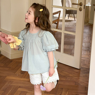 Áo tay ngắn màu trơn bé gái áo sơ mi búp bê tay phồng Ngọt Ngào Phong cách dịu dàng khí chất trẻ em