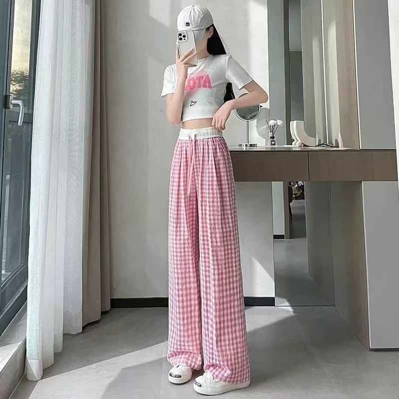 quần kẻ sọc ống rộng Quần kẻ caro phong cách Hàn Quốc, cạp cao, rộng rãi, có dây rút, co giãn, kích cỡ lớn, nhiều màu sắc