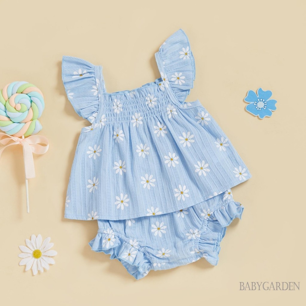 / / -Baby Girl Daisy 2 Cái Bộ Smocked Bay Tay Áo Babydoll Co Giãn Eo Quần Short Ruffle Quần Short Quần Áo Mùa Hè Dễ Thương
