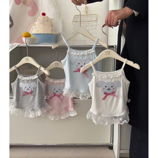 Áo camisole ren trang trí mùa hè cho bé gái, áo thun không tay thêu hoạt hình, áo có nơ dễ thương cho trẻ em