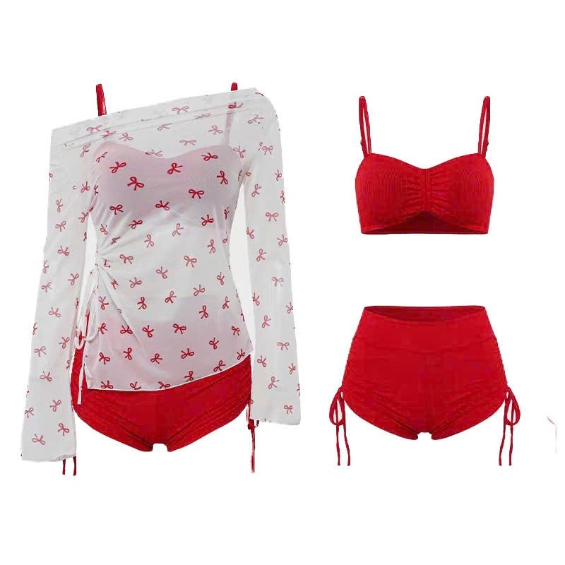 Set bộ đồ bơi bikini 3 chi tiết thiết kế họa tiết nơ trễ vai hottrend phong cách sexy gợi cảm XIMIMI BKN61