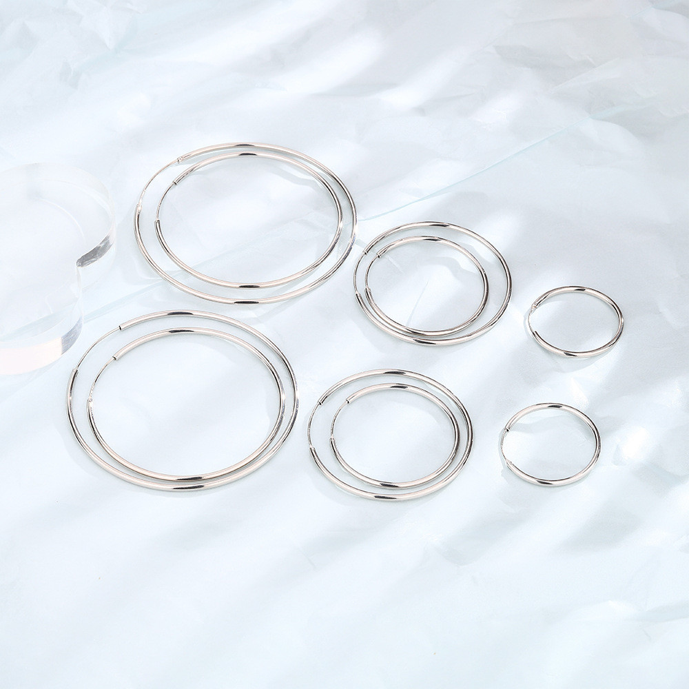Bông tai hình tròn lớn đơn giản thời trang S925 Bạc Cổ điển Vòng tròn trơn Nữ