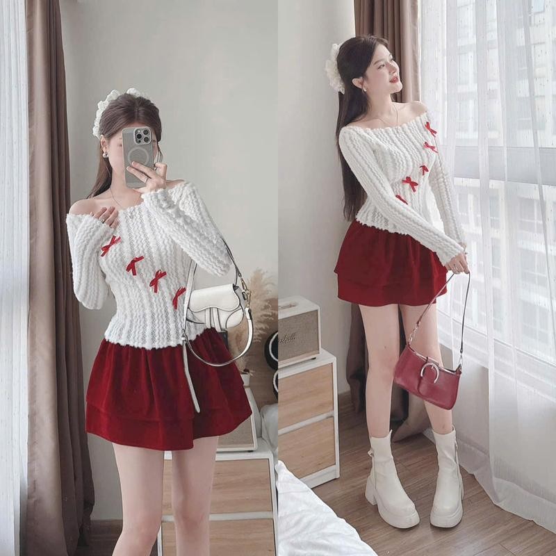 sét đồ đi chơi giáng sinh nữ, áo len cổ bẹt đính nơ, kèm chân váy ngắn xếp tầng sang chảnh Women Top Nhung