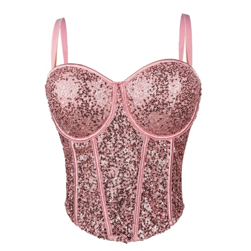 Dasbsug Lấp Lánh Kim Sa Lấp Lánh Sheer Lưới Corset Spaghetti Dây Đeo Bustier Áo Cho Nữ