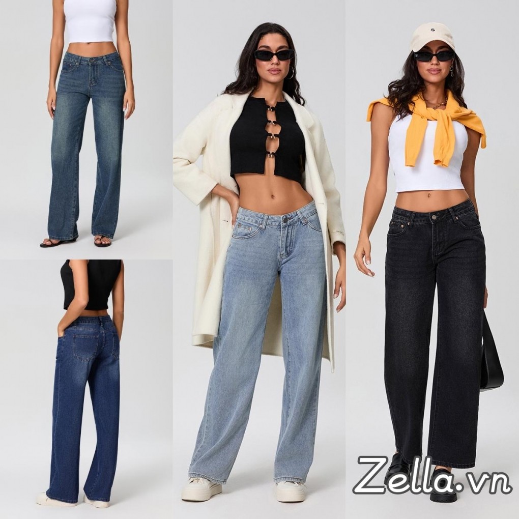 Quần Denim mùa xuân mùa hè dành cho nữ Quần ống rộng eo thấp có nhiều túi