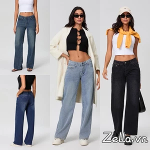 Quần Denim mùa xuân mùa hè dành cho nữ Quần ống rộng eo thấp có nhiều túi