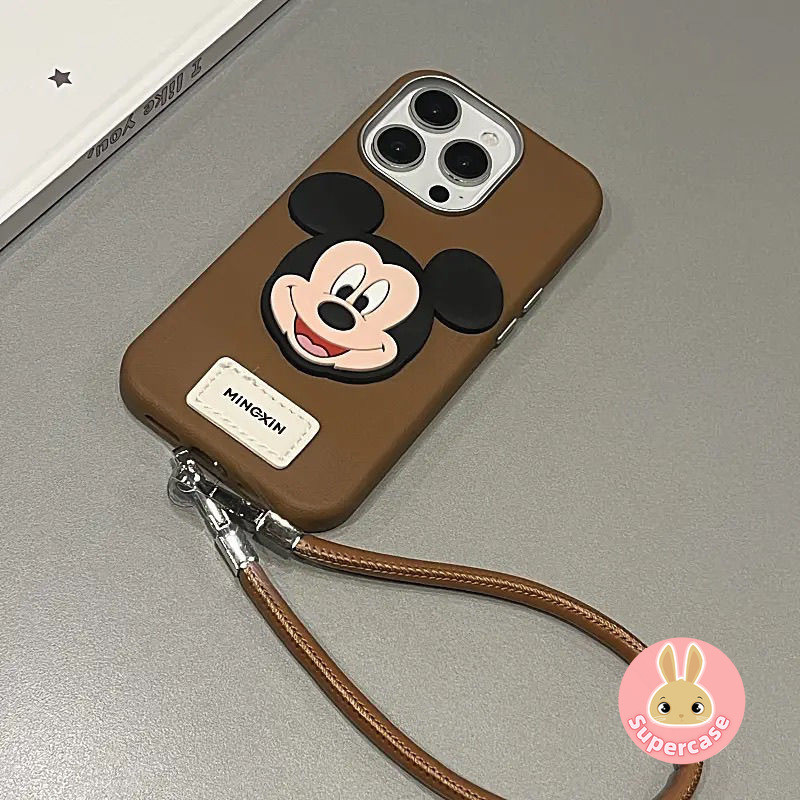 Ốp Điện Thoại Mickey Hoạt Hình Dễ Thương Cho iPhone 16 Pro Max 15 14 Plus 13 12 11 Pro Max X XR XS Max 8 7 6 6s Plus Vỏ Điện Thoại Da Sang Trọng Có Dây Đeo Chống Rơi