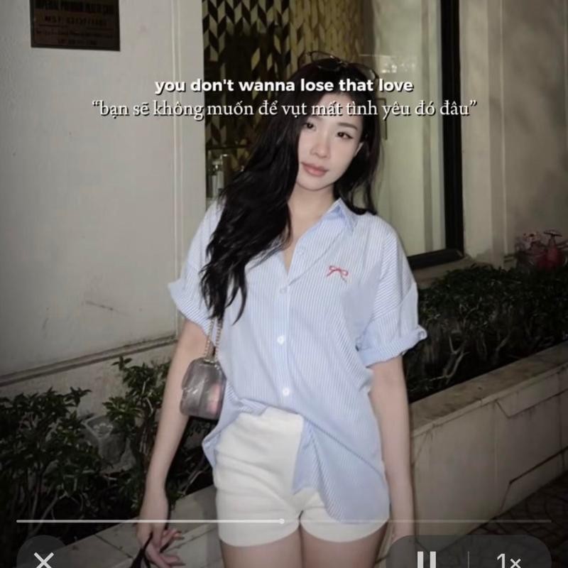 Áo mi kẻ sọc tay ngắn thêu nơ xinh xắn A20 Nữ Top Women thường áo cánh & áo mi somitim sơ minu