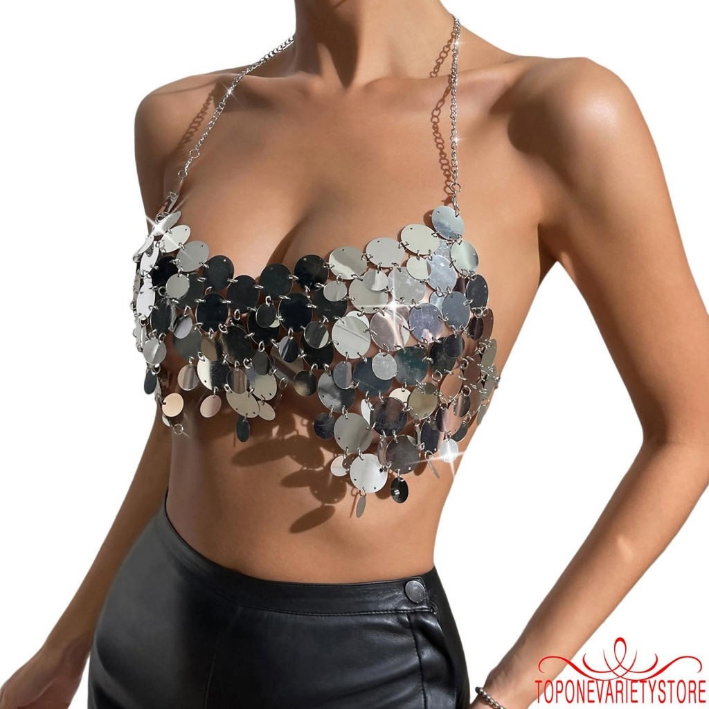Topone-nữ Trang Bị Cami Top Bạc Không Tay Dây Cổ Kim Sa Lấp Lánh Áo Crop Top