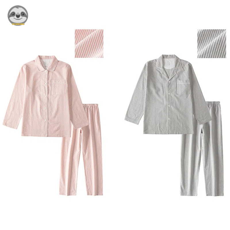 Phong cách Nhật Bản Muji Style / Bộ đồ ngủ mềm mại bằng vải Cotton đã giặt / Bộ đồ ngủ mềm mại thân thiện với da / Bộ đồ ngủ cặp đôi đơn giản / Bộ đồ ngủ Cotton giặt liền mạch