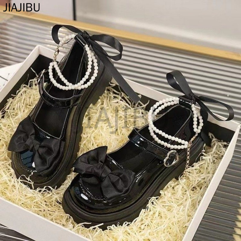 Size 35-45 Giày Da Nơ Đen Mũi Tròn Chống Trượt Phong Cách Anh Quốc 44 Giày Nữ Cỡ Lớn 43 Korean Fashion Beige Cosplay Beaded Platform Mary Jane Shoes 42 Giày Đi Học Gót Dày Màu Đen Japanese JK Uniform Lolita Doll Shoes Giày Công Chúa Cổ Điển Pháp Giày Nhảy