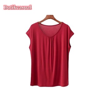 Áo thun nữ modal cotton trơn dáng rộng Áo sơ mi nữ không tay béo mm Áo thun tay ngắn Áo sơ mi trung niên Plus Size Áo thun thường ngày