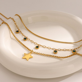 Châu Âu Mỹ ins Phong Cách Mới Thép Không Gỉ Vàng 18K Ngôi Sao Năm Cánh Xanh Kim Cương Đính Đá Ba Lớp Vòng Cổ