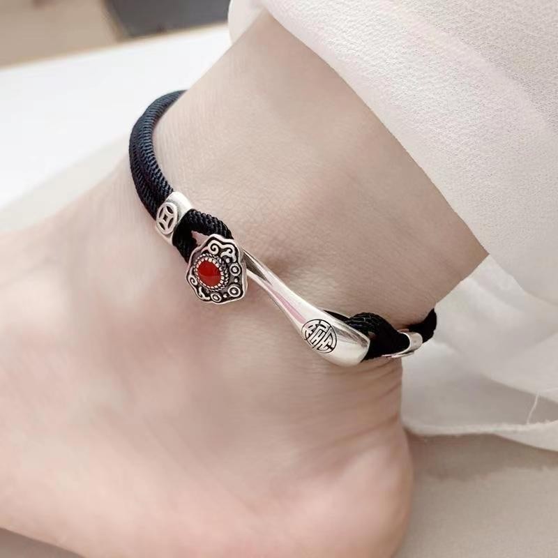 Đôi vòng chân bạc 925 phong cách dân tộc với đá CZ, phù hợp nam nữ