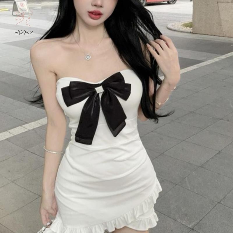 HNKMP Nữ Gợi Cảm Nơ Ruffle Không Đều Thiết Kế Nơ Tiệc Ngắn Câu Lạc Bộ Váy Bustier.