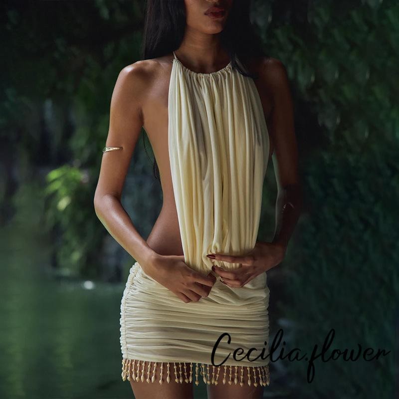 Phụ Nữ Bodycon Đầm Không Tay Buộc Dây Cổ Lưng Ruched Đầm Tua Ruched Mini Đầm Clubwear