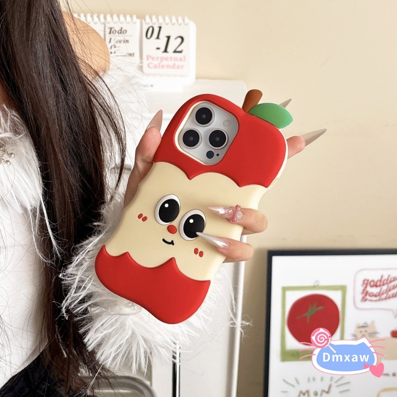 Ốp điện thoại Silicon Apple 3D dễ thương cho iPhone 16 Pro Max 15 14 Plus 13 12 Pro Max Vỏ cặp đôi chống sốc Phim hoạt hình Happy Red Green Apple Soft Case