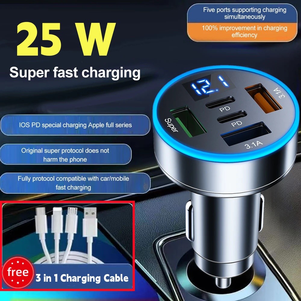 [Cáp sạc 3 trong 1 miễn phí] Bộ sạc xe hơi 25W 5 cổng Sạc nhanh PD QC3.0 USB C Bộ chuyển đổi sạc điện thoại ô tô có điện áp cho điện thoại [Cổ phiếu địa phương]