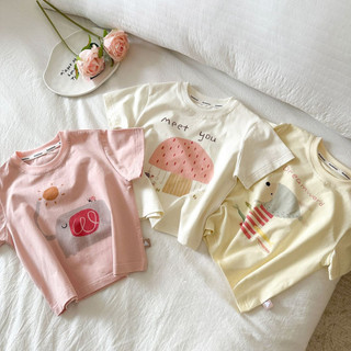 Áo phông bé gái in chữ hoạt hình dễ thương, cotton, mẫu mới mùa hè