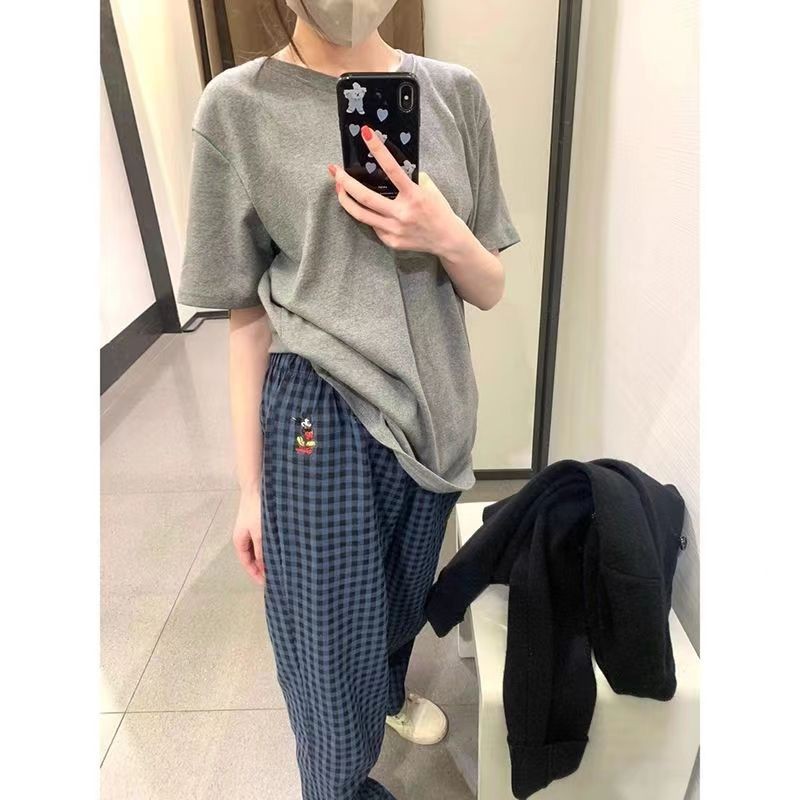 quần kẻ sọc ống rộng Quần kẻ caro xanh in hình Mickey, phong cách Hàn Quốc, quần thư giãn ở nhà