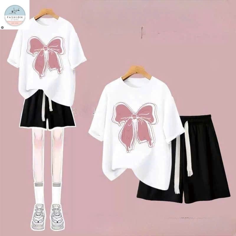 Tổng Hợp Các Sét bộ đồ cộc tay mùa hè quần đùi trơn + mix áo phông nơ form rộng unisex-quần áo 94