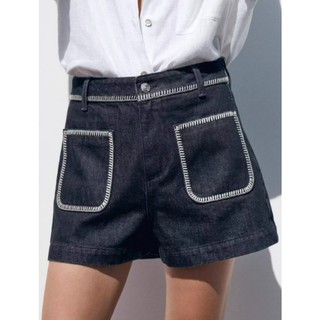Quần short Zara made in Morocco jean sậm không mài viền chỉ trắng