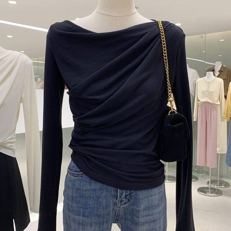 Milyfashion Modal Cổ phẳng xếp ly Thiết kế dài tay T Slim-fit Slimmer Look Hợp thời trang