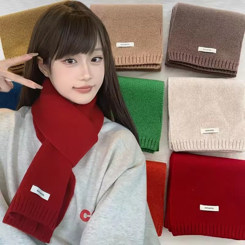 Khăn quàng cổ nữ màu trơn mùa đông - Khăn quàng cổ màu đỏ cổ điển Hàn Quốc ấm áp - Khăn choàng mùa đông - Khăn choàng cổ chống gió dày - Khăn choàng Cashmere thời trang - Khăn quàng cổ dày dành cho nữ