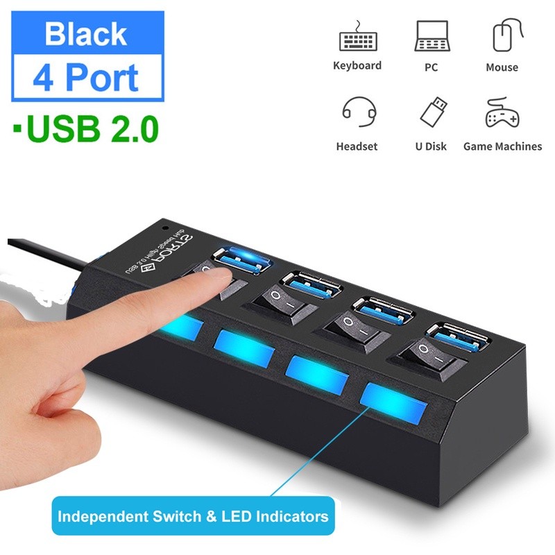 [Sẵn sàng] Bộ chuyển đổi bộ chia USB 2.0 4 cổng Hub 480 Mbps có công tắc bật / tắt cho máy tính xách tay PC