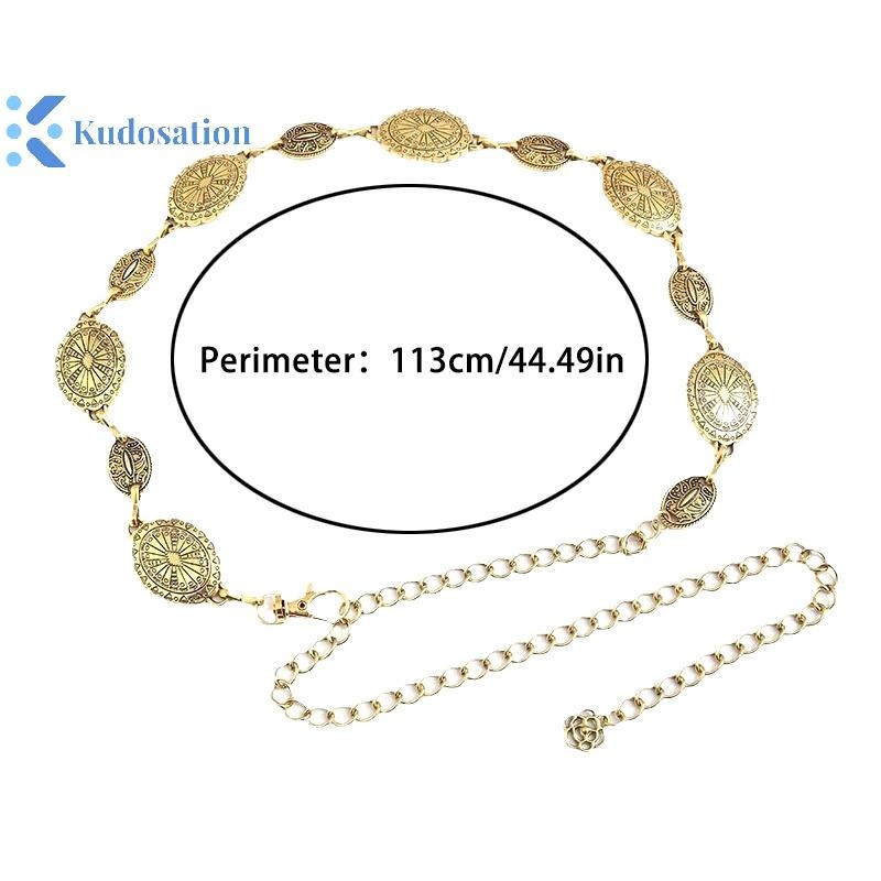 Kudosation Phong Cách Retro Nữ Dây Thắt Lưng Kim Loại Có Thể Điều Chỉnh Trang Trí Vòng Tròn Khắc Dây Xích Đai Phong Cách Cao Cấp Phụ Kiện