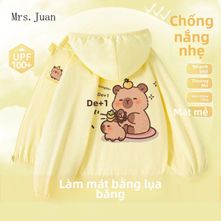 Áo khoác chống nắng bé gái hình Capybara – Vải lạnh mỏng nhẹ, khô nhanh, có mũ che nắng, UPF100+