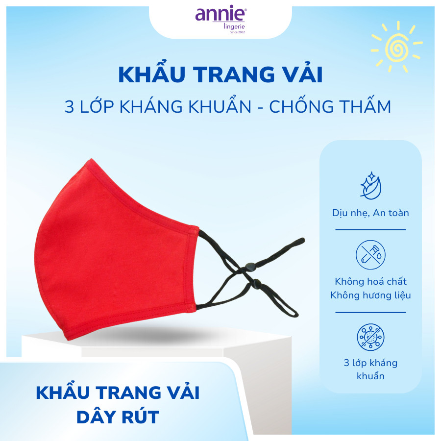 Khẩu trang vải kháng khuẩn chống thấm annie 3 lớp dây rút điều chỉnh, giặt lại được