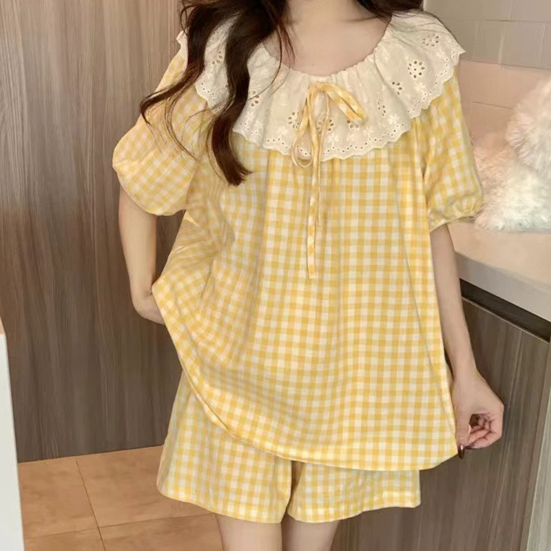 Bộ Đồ Ngủ Nữ Mùa Hè Ngắn Tay Quần Short Phong Cách Hàn Quốc Ngọt Ren Kẻ Sọc Nhà Quần Áo Phù Hợp Với Xuyên Biên Giới Ngoại Thương Nổ Trực Tiếp